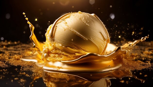 a scoop of decadent golden ice cream sits elegantly while a dynamic splash of liquid gold creates a shimmering backdrop in a studio shimmer food decadent