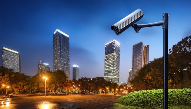 nighttime surveillance camera city park security monitoring