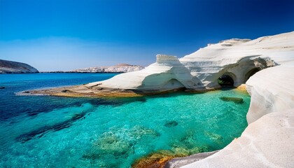Obraz premium sarakiniko beach or moon beach with a natural arch of white volcanic rocks and transparent water in milos cyclades islands greece