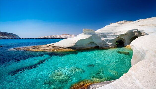 sarakiniko beach or moon beach with a natural arch of white volcanic rocks and transparent water in milos cyclades islands greece