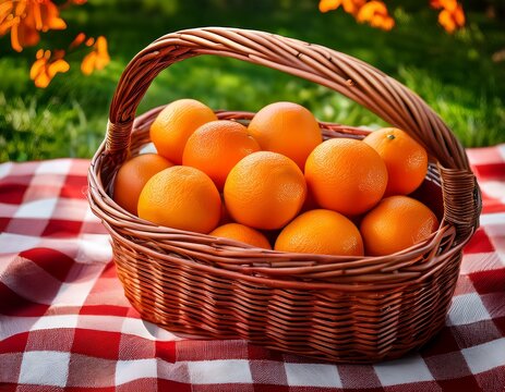 oranges in a picnic basket on a red checkered blanket perfect for healthy outdoor dining