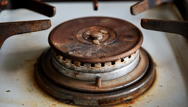 close up of dirty old gas stove burner head with missing brass cap high angle view of rusty kitchen cooker stove top with pan support and ignition pin needing cleaning or repair