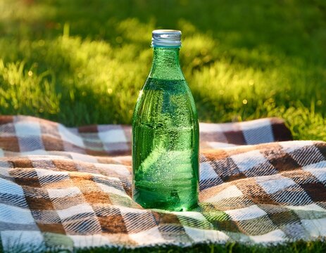 chilled green glass bottle of mineral water on a checkered picnic blanket in sunlit garden grass