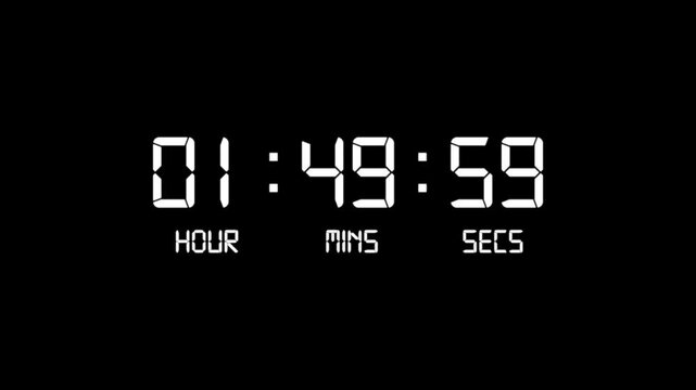 2 hour countdown timer animation. Digital timer countdown animation with alpha channel