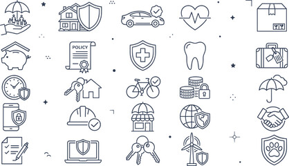 Comprehensive commercial insurance and asset protection line icon set with life health medical car home pet and financial security coverage symbols. © MdJalal
