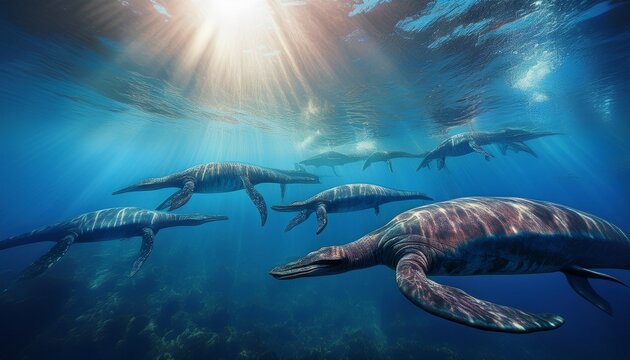 a pod of plesiosaurs swimming through a deep blue ocean illuminated by sunlight streaming through the water