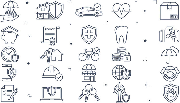 Comprehensive commercial insurance and asset protection line icon set with life health medical car home pet and financial security coverage symbols.
