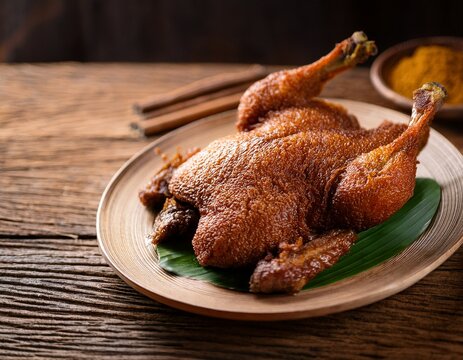 indonesian crispy fried duck or bebek goreng served on a plate traditional golden brown deep fried poultry dish with traditional spices flavor on wooden table background