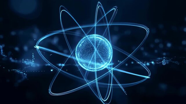 Abstract glowing blue atom model with orbiting electrons on dark background