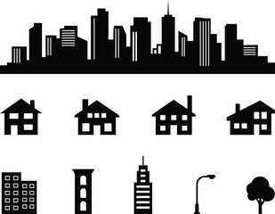 Obraz premium Urban cityscape skyline and real estate housing silhouette icon set with skyscraper buildings, residential family homes, street lamp, and tree symbols for architectural designs.