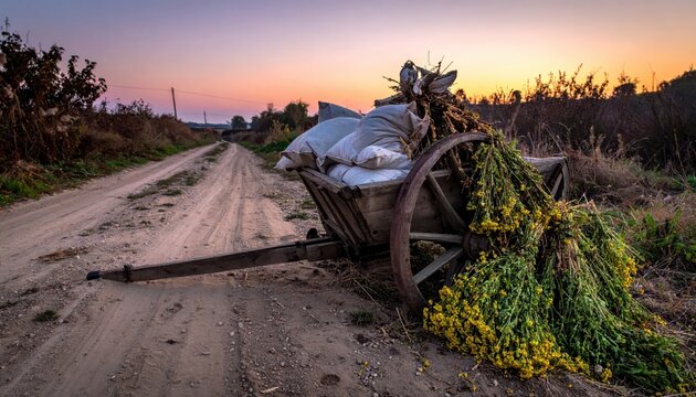 Rustic wooden cart laden with hay and wildflowers on a dirt road at sunset