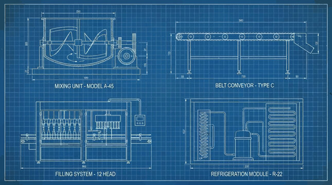 Industrial engineering blueprint diagram featuring technical schematics of food or chemical processing machinery and manufacturing equipment