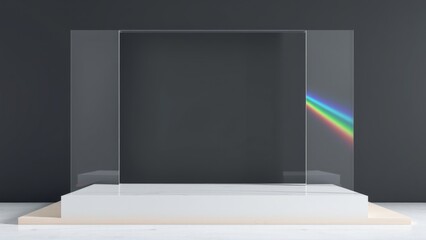 Obraz premium Minimalist stage setup. Glass panels frame empty space. Rainbow light streak adds color. Clean lines, modern design, presentation focus.