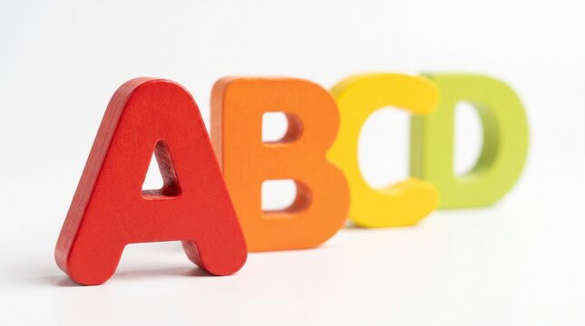 Colorful wooden alphabet letters abcd arranged in a row against a clean white background surface with four vibrant wooden