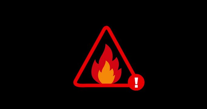 Fire Hazard Warning Triangle with Flame Symbol and Exclamation Icon on Black Background