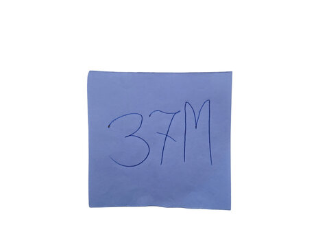 The numbers '37' followed by the letter 'm' are handwritten in blue ink on a square piece of light blue paper