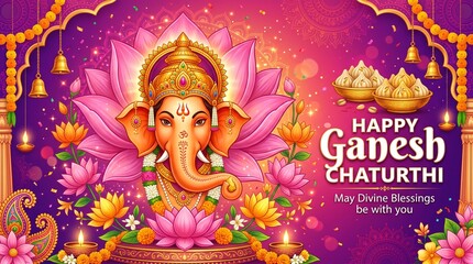 Obraz premium Happy Ganesh Chaturthi Illustration with Ganesha, Lotus Flowers, Modak Sweets, and Pink Purple Festive Background