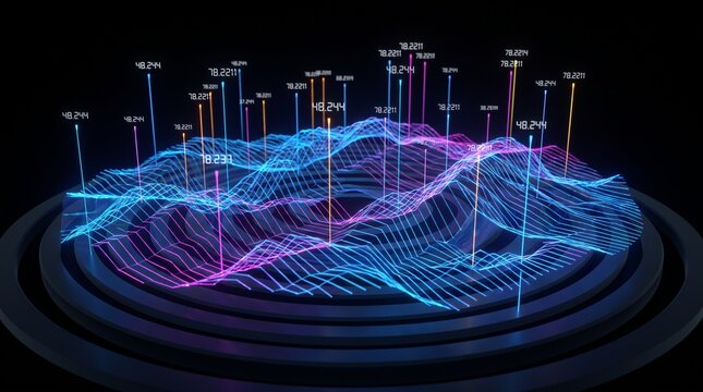 Futuristic digital terrain visualization with glowing neon data points and abstract wireframe landscape surface