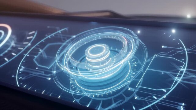 Futuristic digital dashboard interface with holographic display elements