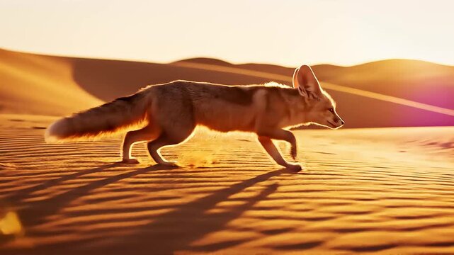 Fennec fox walking on desert sand dunes