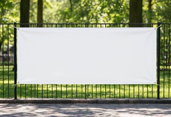 Fototapeta premium Blank white vinyl banner attached to urban park fence, realistic advertising hoarding mockup with copy space, green landscape, city background, outdoor branding display concept.
