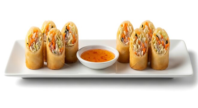 A platter of crispy vegetable spring rolls served with a side of sweet chili dipping sauce isolated on white background