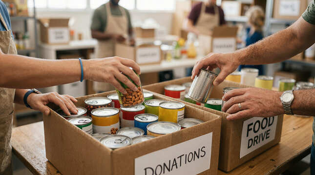 Volunteers sorting canned food donations for a community food drive event