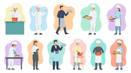 Fototapeta premium Set of diverse chefs, bakers, and waiters working in the kitchen