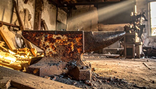 Rustic, rusty anvil in a sunlit, abandoned blacksmith workshop with old tools and machinery