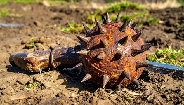 Rusty medieval spiked mace lying on the ground, ancient weapon, historical artifact, close-up detail