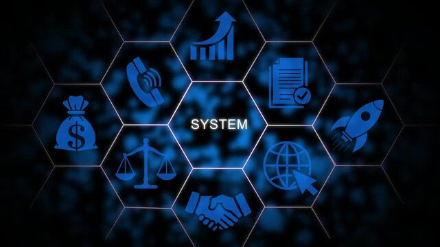 Digital business system infographic with animated growth charts, and global network connectivity for corporate technology presentations