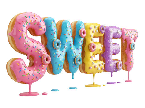 3d render of the word sweet made of delicious glazed donuts with colorful sprinkles isolated on transparent background