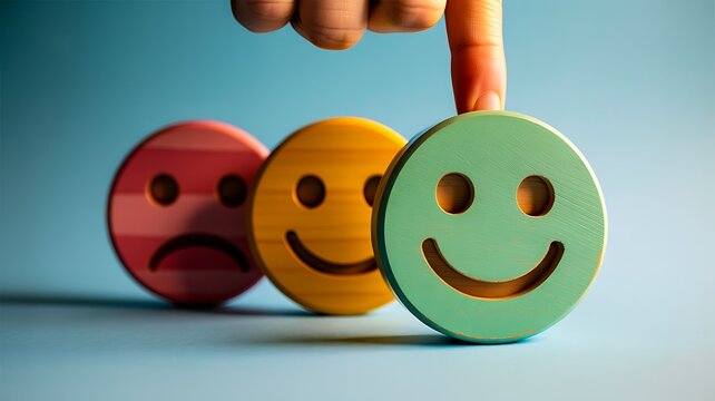 Finger selecting positive smiley face feedback icon representing customer satisfaction and rating