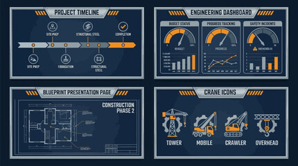 Naklejka premium Digital Interface for Construction Project Management Engineering Dashboards, Timelines, Blueprints, and Crane Icons for Planning and Tracking Progress