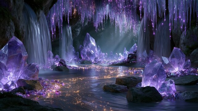 Crystal cave with glowing water and purple crystals surrounded by waterfalls