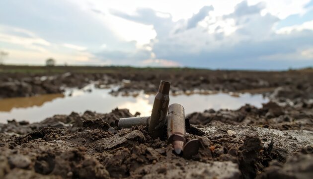 Spent bullet casings and shell casings lie in muddy terrain with puddles and clouds in the background, symbolizing conflict and environmental damage.