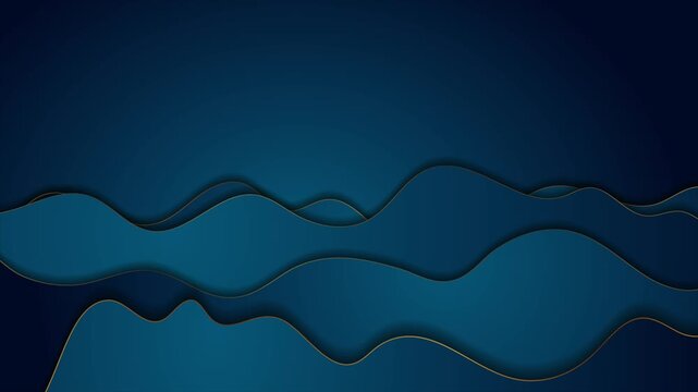 Dark blue corporate wavy abstract background with elegant golden lines. Concept retro motion design. Seamless loop. Video animation Ultra HD 4K 3840x2160