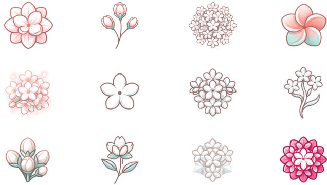 Botanical blossom and floral icon set featuring blooming flowers petals buds leaves and decorative nature elements vector illustration