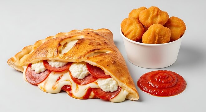 A delicious calzone filled with pepperoni and ricotta cheese served with a side of chicken nuggets and marinara sauce