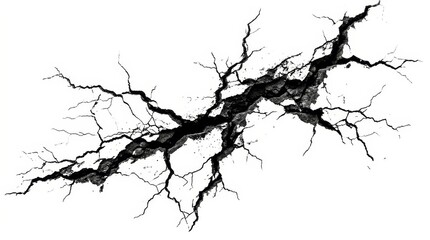 Obraz premium Deep Black Ground Crack with Detailed Fractures and Fissures Isolated on White Background