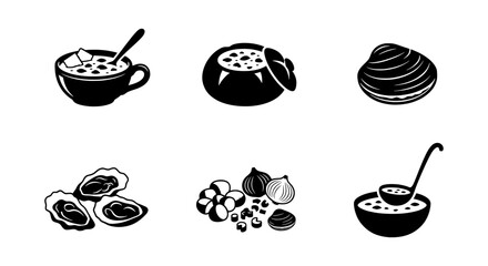 Seafood Chowder Icons, Clam Soup Set, Oyster Illustration, Culinary Icons, Black and White Vector Graphics © KHAN