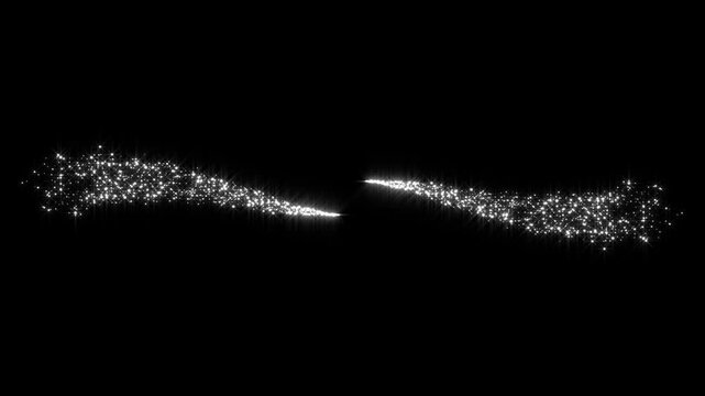 Magic wand glitter line animation with bright white sparkling stars, floating fairy dust trail, shining twinkle light effect, black screen transition overlay, seamless premium 4k motion graphics