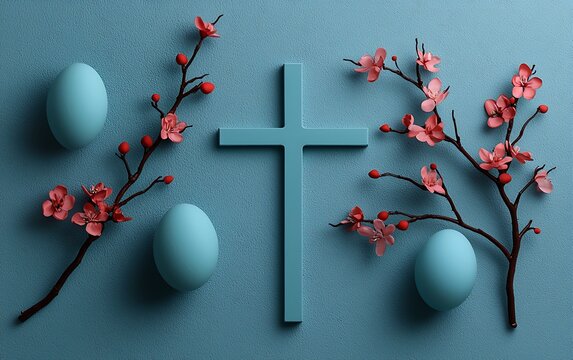 Easter cross with eggs and blossoms
