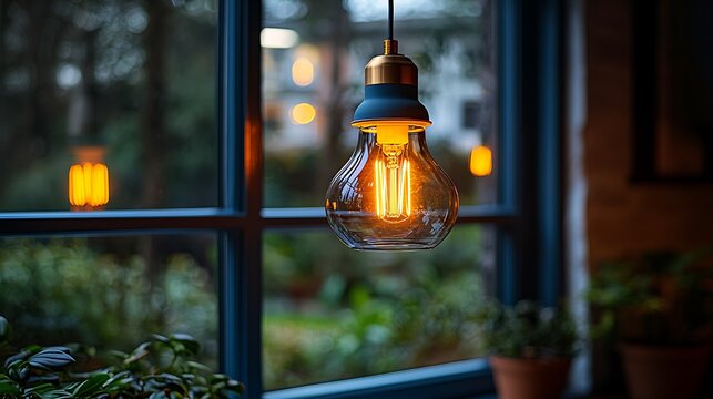 Hanging Edison bulb illuminates cafe window, night