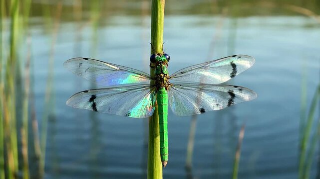 Close-up macro view of a green dragonfly resting on a reed stalk above calm rippling water insect nature wildlife