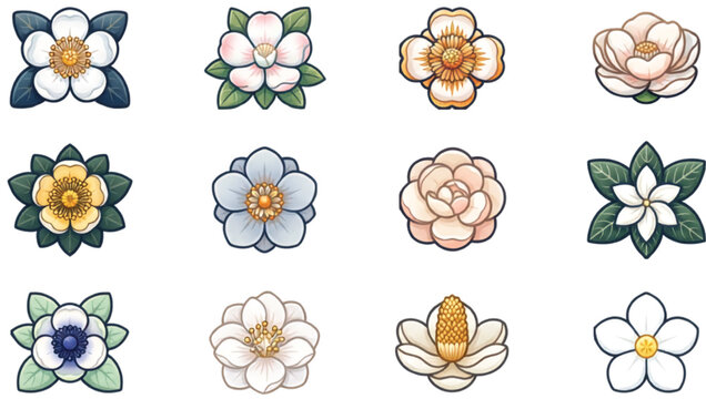 Botanical flower blossom icon set featuring elegant floral blooms petals leaves garden plants and nature symbols vector illustration