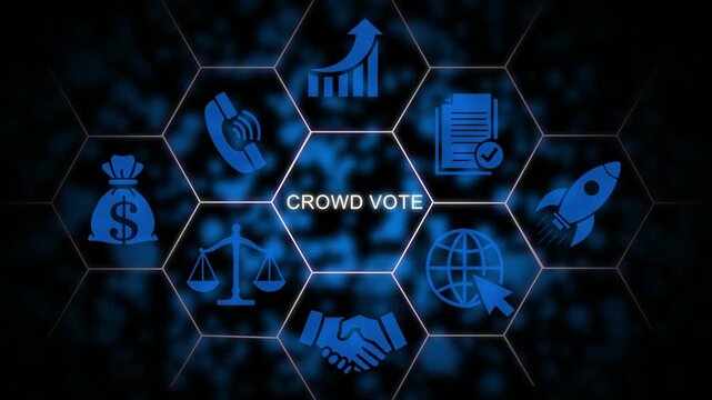 Crowd vote concept with digital business and hexagonal network interface, abstract corporate strategy and decision making motion