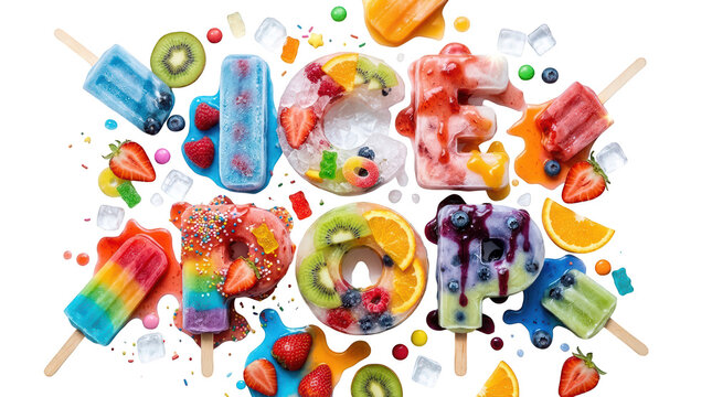 Creative composition of colorful fruit popsicles and ice lollies shaped like letters spelling ice pop isolated on transparent background