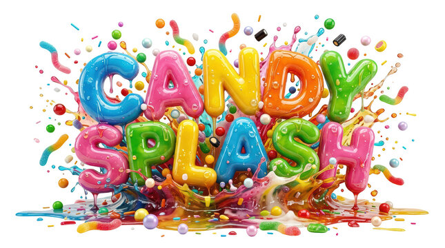 Candy splash 3d typography with colorful sweets and liquid explosion isolated on transparent background