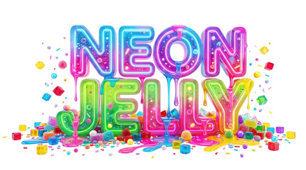 Fototapeta premium Neon jelly 3d typography with vibrant liquid candy drips and colorful gummy cubes isolated on transparent background